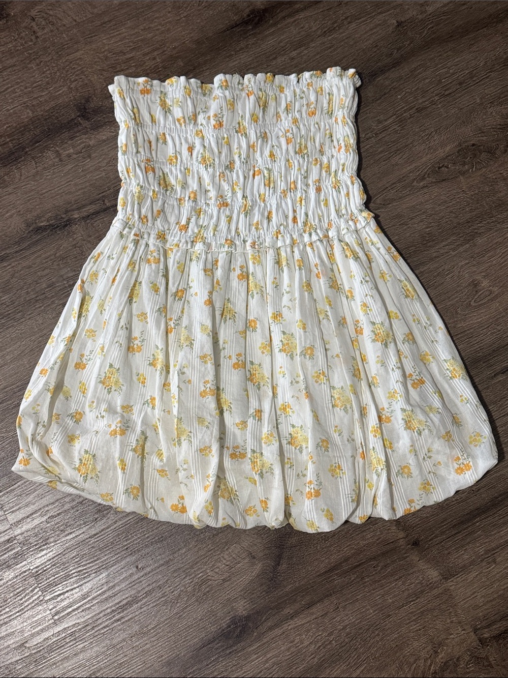 Smocked White Mini Dress with Yellow Floral Print